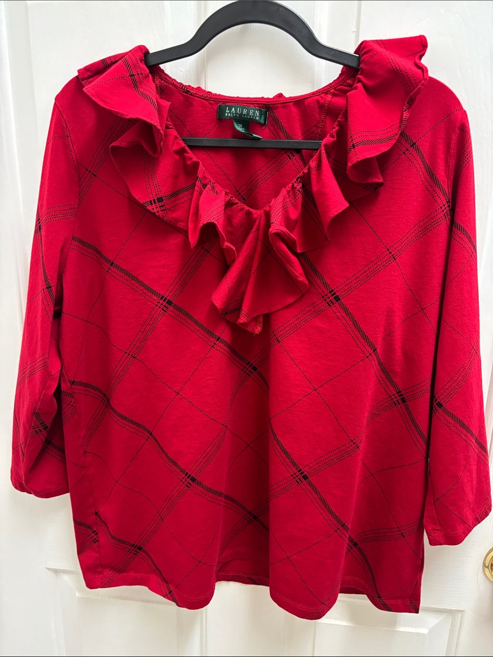 Lauren Ralph Lauren Red Plaid Ruffle-Trim Blouse